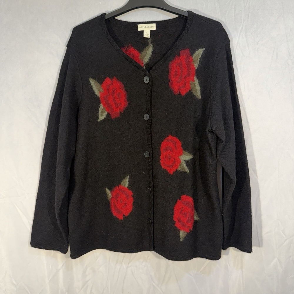 Vintage Button Up Cardigan Sweater All Over‎ Red Rose Print Black L Wool Sweater